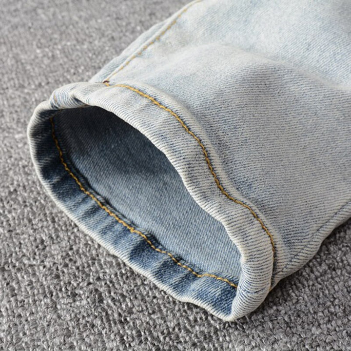 Blue Crystal Holes Distressed Patchwork Jeans