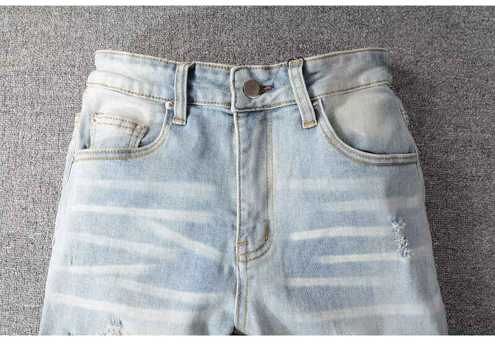 Blue Crystal Holes Distressed Patchwork Jeans