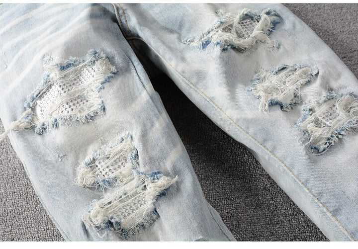 Blue Crystal Holes Distressed Patchwork Jeans