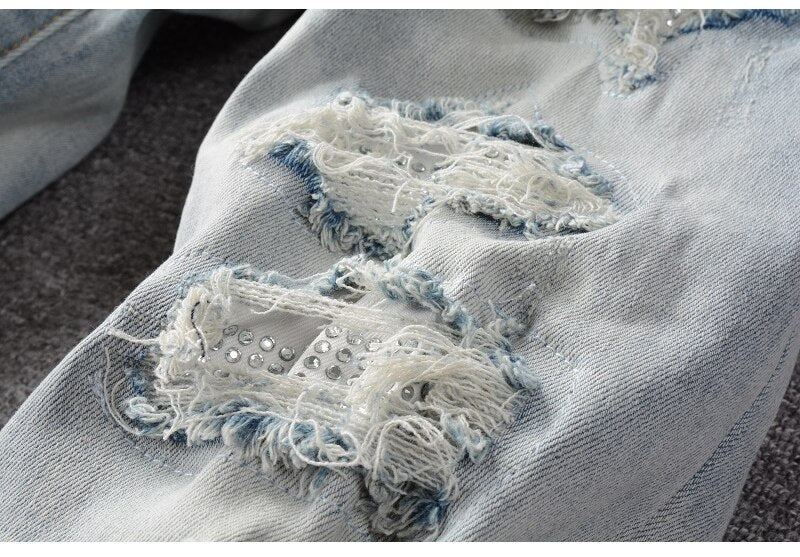 Blue Crystal Holes Distressed Patchwork Jeans