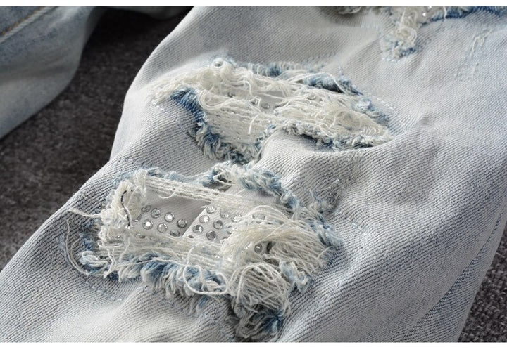 Blue Crystal Holes Distressed Patchwork Jeans