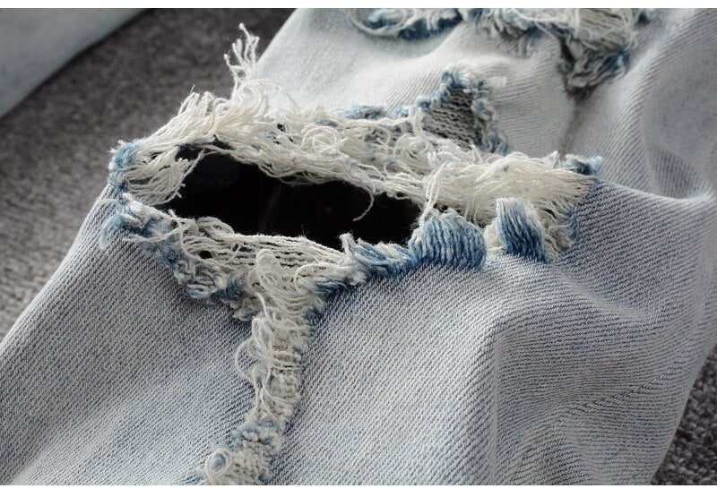 Blue Crystal Holes Distressed Patchwork Jeans