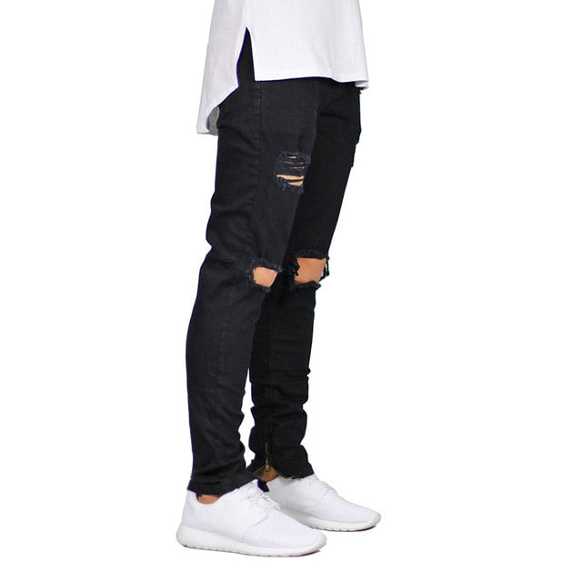 Black Skinny Ripped Jeans with Ankle Zipper