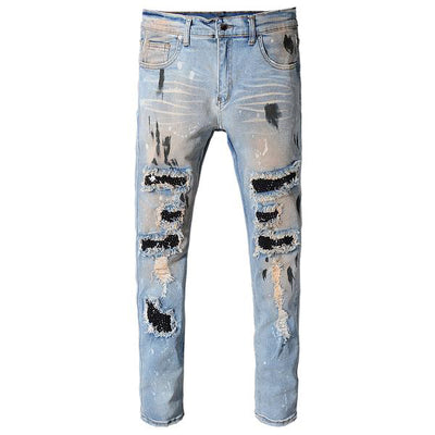 Blue Studded Patchwork Jeans - Taelor Boutique