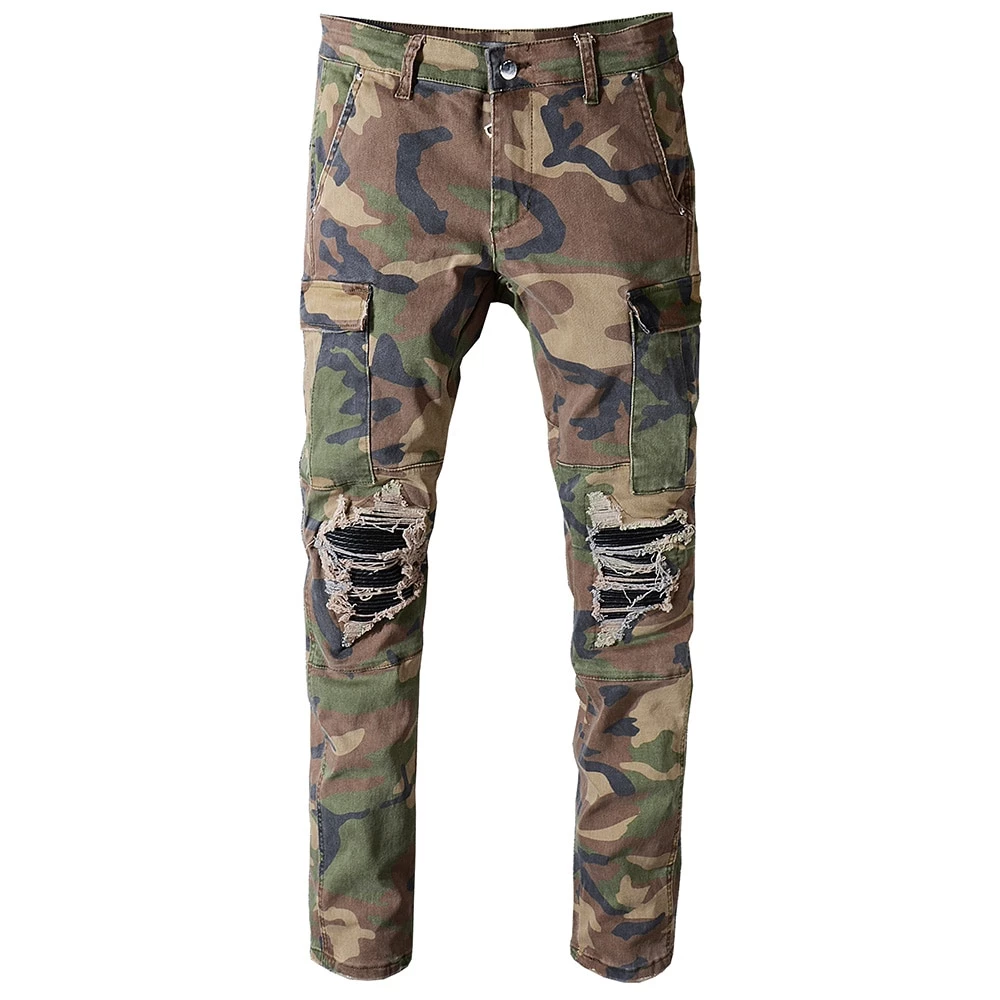Camo Faux Leather Patchwork Ripped Jeans