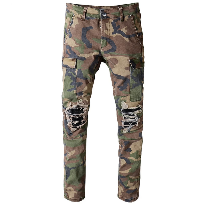 Camo Faux Leather Patchwork Ripped Jeans - Taelor Boutique