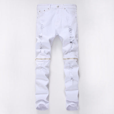 White Skinny Ripped Jeans with Knee Zipper - Taelor Boutique
