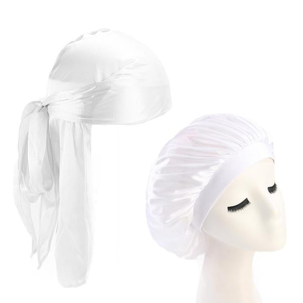 White Silk Durag & Wide Band Bonnet Set