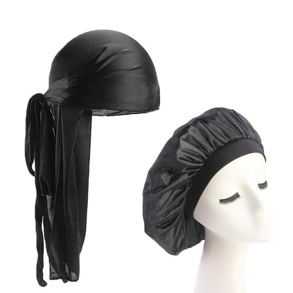 Black Silk Durag & Wide Band Bonnet Set