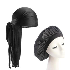 Black Silk Durag & Wide Band Bonnet Set
