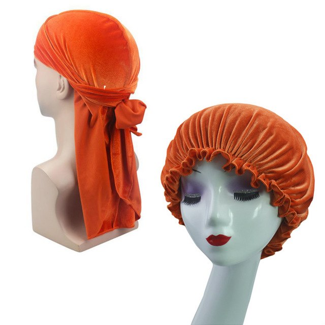 Orange Velvet Durag & Bonnet Set