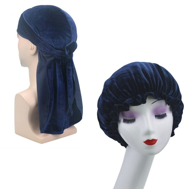 Navy Blue Velvet Durag & Bonnet Set