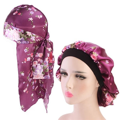 Purple Silky Floral Durag and Bonnet Set - Taelor Boutique