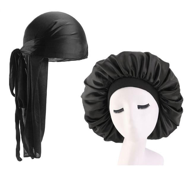 XL Black Silky Durag & Wide Band Bonnet Set