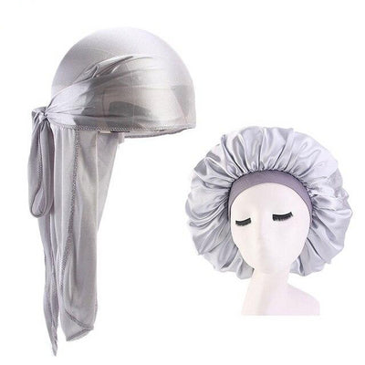 Extra Large Silver Silky Durag & Durag & Wide Band Bonnet Set - Taelor Boutique