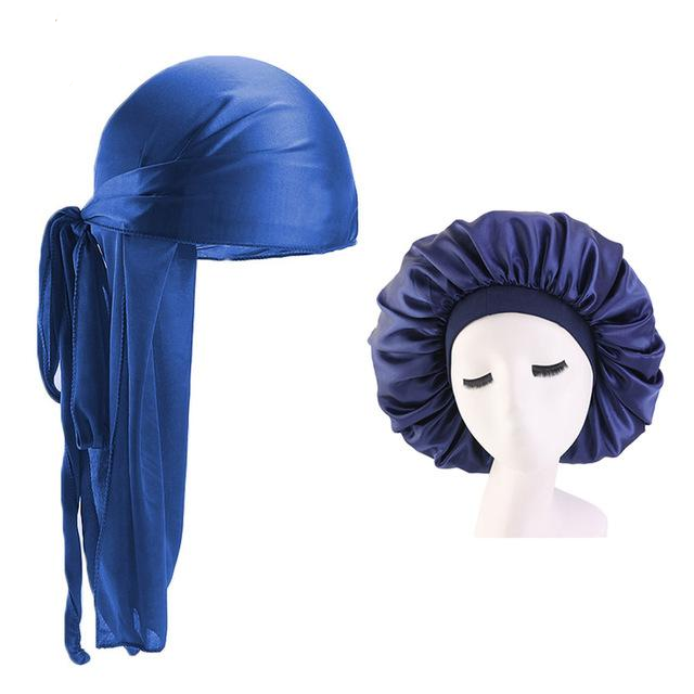 XL Blue Silky Durag & Wide Band Bonnet Set