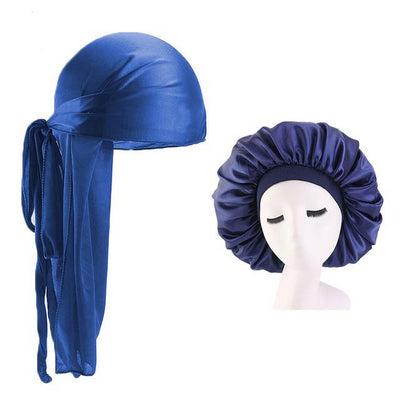 Extra Large Blue Silky Durag & Wide Band Bonnet Set - Taelor Boutique