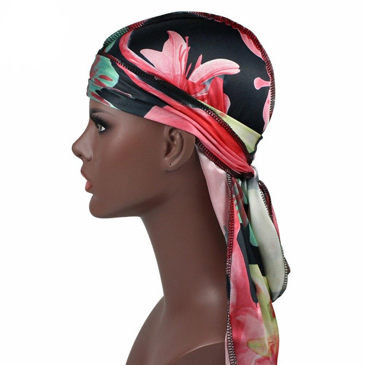 Black Floral Silk Durag - Taelor Boutique