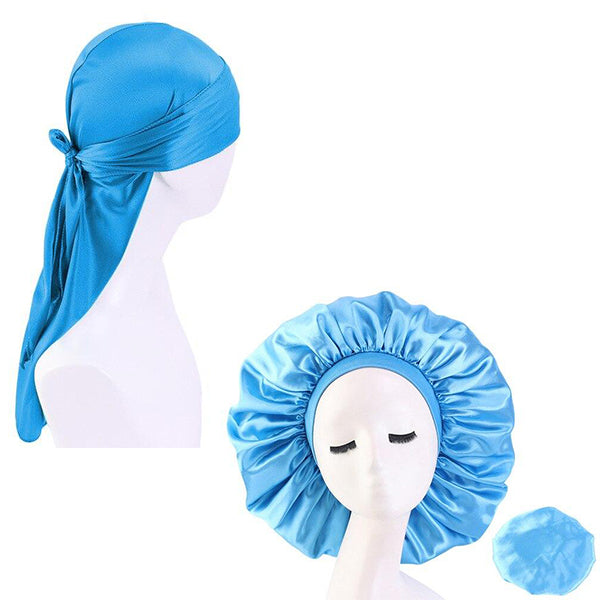 XL Sky Blue Silky Durag & Wide Band Bonnet Set