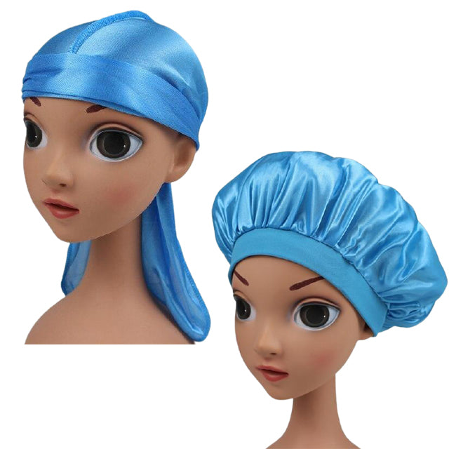 Kids Sky Blue Silk Durag & Wide Band Bonnet Set