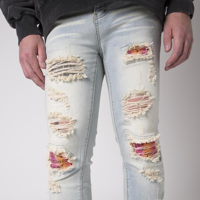 Distressed Straight Leg Jeans With Bandana Patchwork Prin... | HereticNine  | SilkFred