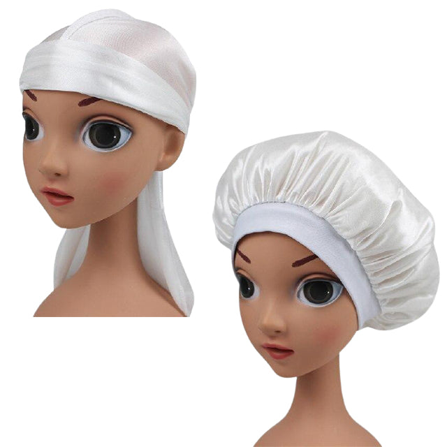 Kids White Silk Durag & Wide Band Bonnet Set